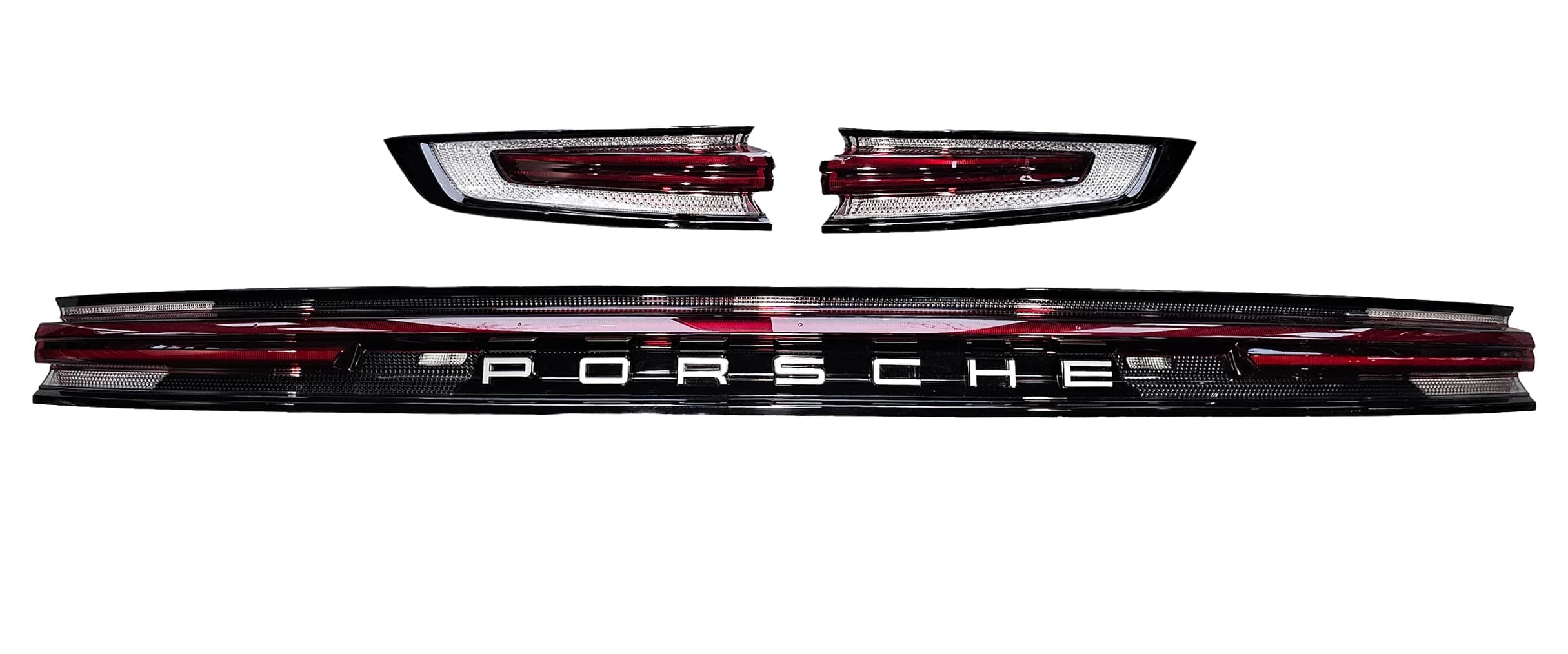 Lampa tylna PORSCHE CAYENNE III 9Y0 LIFT LEWA + PRAWA + ŚRODEK CZERWONE 23- SREBRNY NAPIS (9Y0945091R, 9Y0945091R, 9Y0945207CQ)