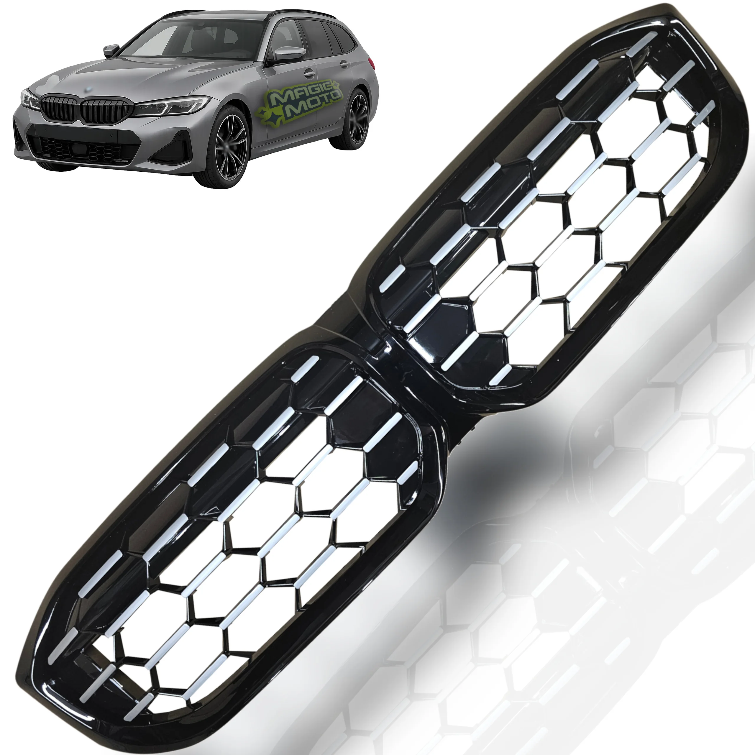 Atrapa zderzaka BMW 3 G20 G21 LIFT 22r+ CZARNY + DEKOR SREBRNY BEZ KAMERY (51135A357F9, 5A357F9)